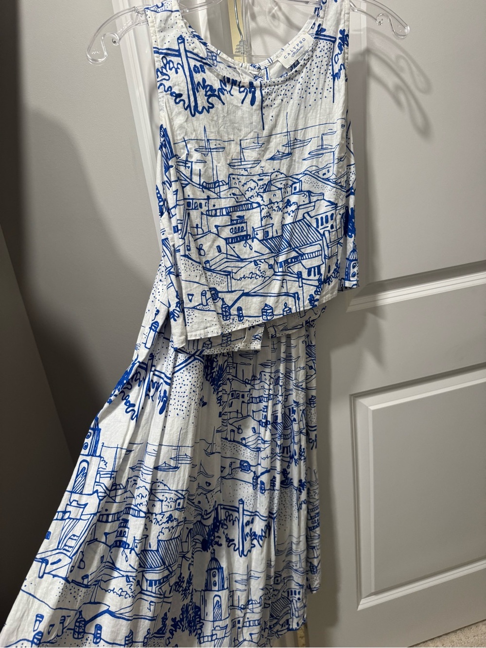 Calypso St Barth linen blend blue toile print maxi skirt & top set womens XS